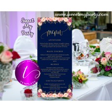 Floral Navy Wedding Menu tea length template,Restaurant menu card printable,(055w) Floral Navy Wedding Menu tea length template,Restaurant menu card printable,(055w)